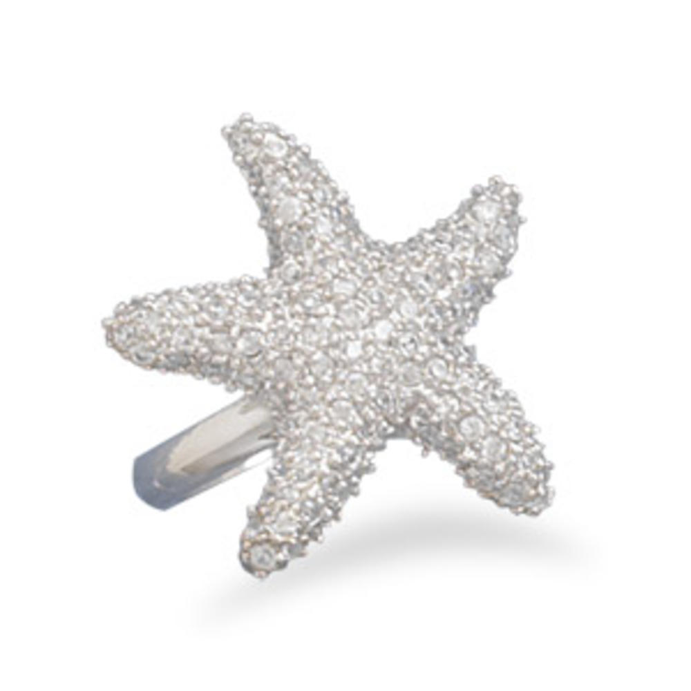 Jewelryweb Rhodium Plated Sterling Silver Ring With CZ Encrusted StarFish The Starfish Measures 27.5mm - Size 9