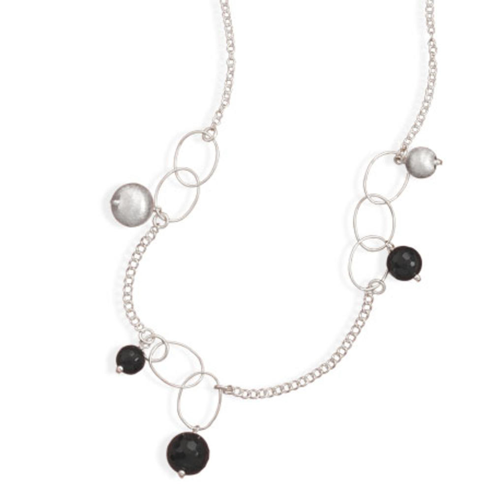 Jewelryweb Sterling Silver 23.5 Inch Necklace With Brushed Satin and Black Simulated Onyx Beads