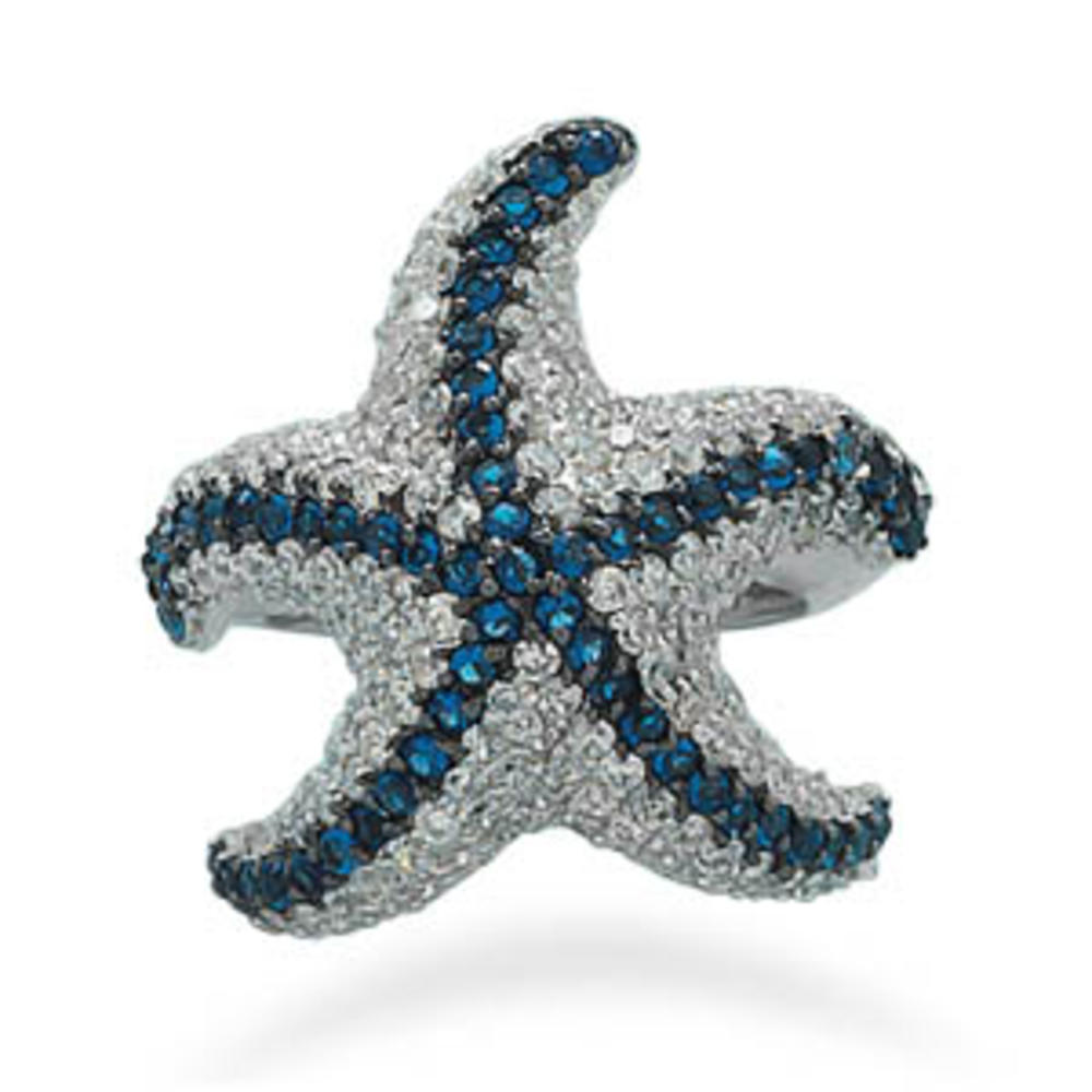 Jewelryweb Rhodium Plated Polished Sterling Silver Blue and Clear Cubic Zirconia StarFish Ring - Size 8