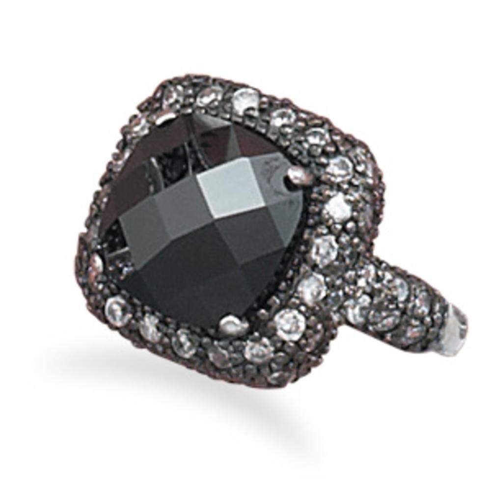 Jewelryweb Black Rhodium Plated Ster. Silver Ring 11.5mm X 11.5mm Black CZ Surrounded By 2mm Clear Czs - Size 6