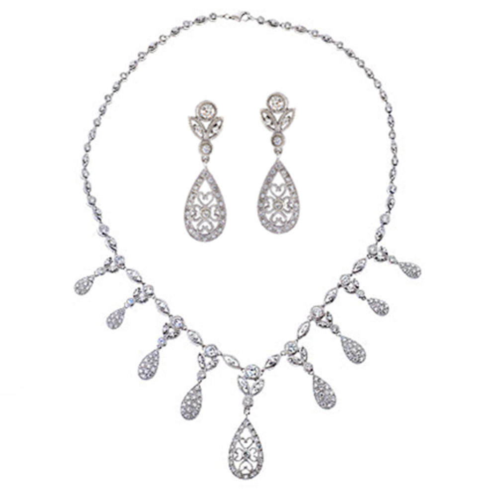 Jewelryweb Sterling Silver Filigree Teardrop Cubic Zirconia Necklace Earrings Set
