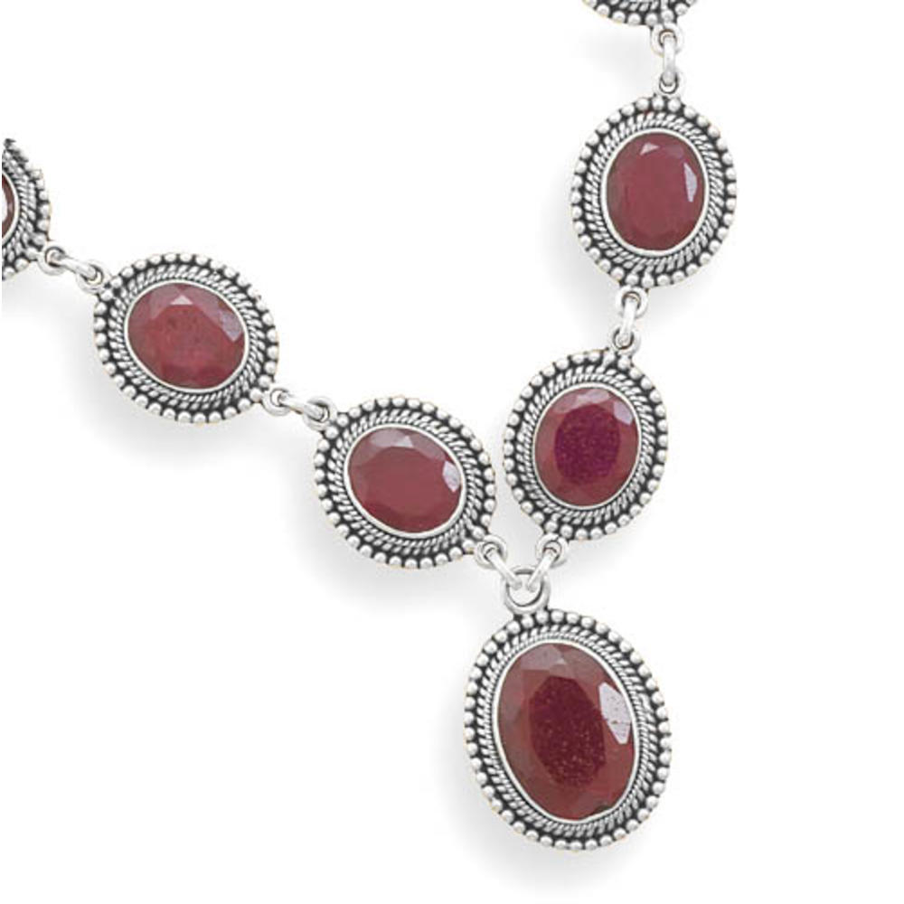 Jewelryweb Sterling Silver 17 Inch Oxidized Oval Faceted Rough-cut Ruby With Bead Design Necklace