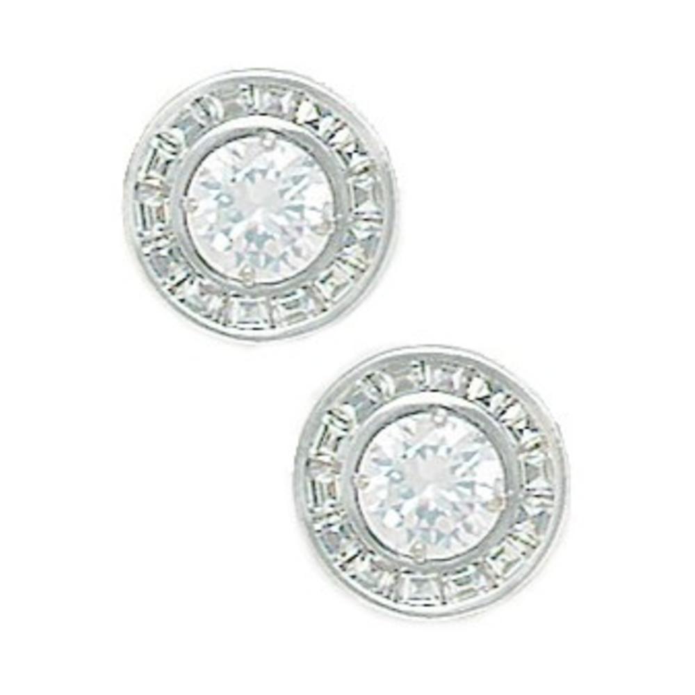 Jewelryweb Sterling Silver Rhodium Plated CZ Big Princess Baguette Cut Round Post Earrings - Measures 11x11mm