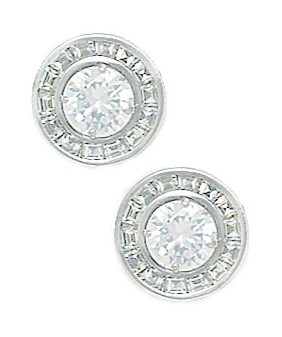 Jewelryweb Sterling Silver Rhodium Plated CZ Big Princess Baguette Cut Round Post Earrings - Measures 11x11mm