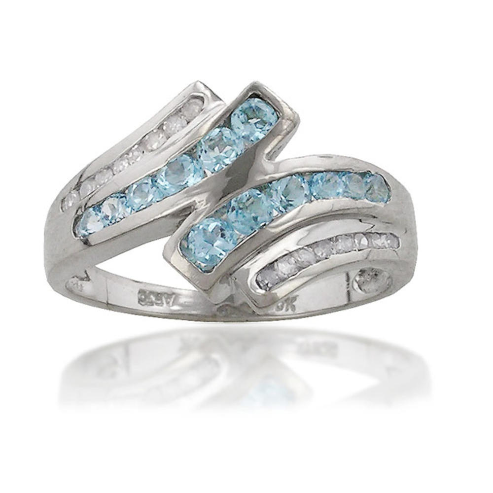 Jewelryweb 10k White Round Blue Topaz and Diamond Ring - Size 10.0