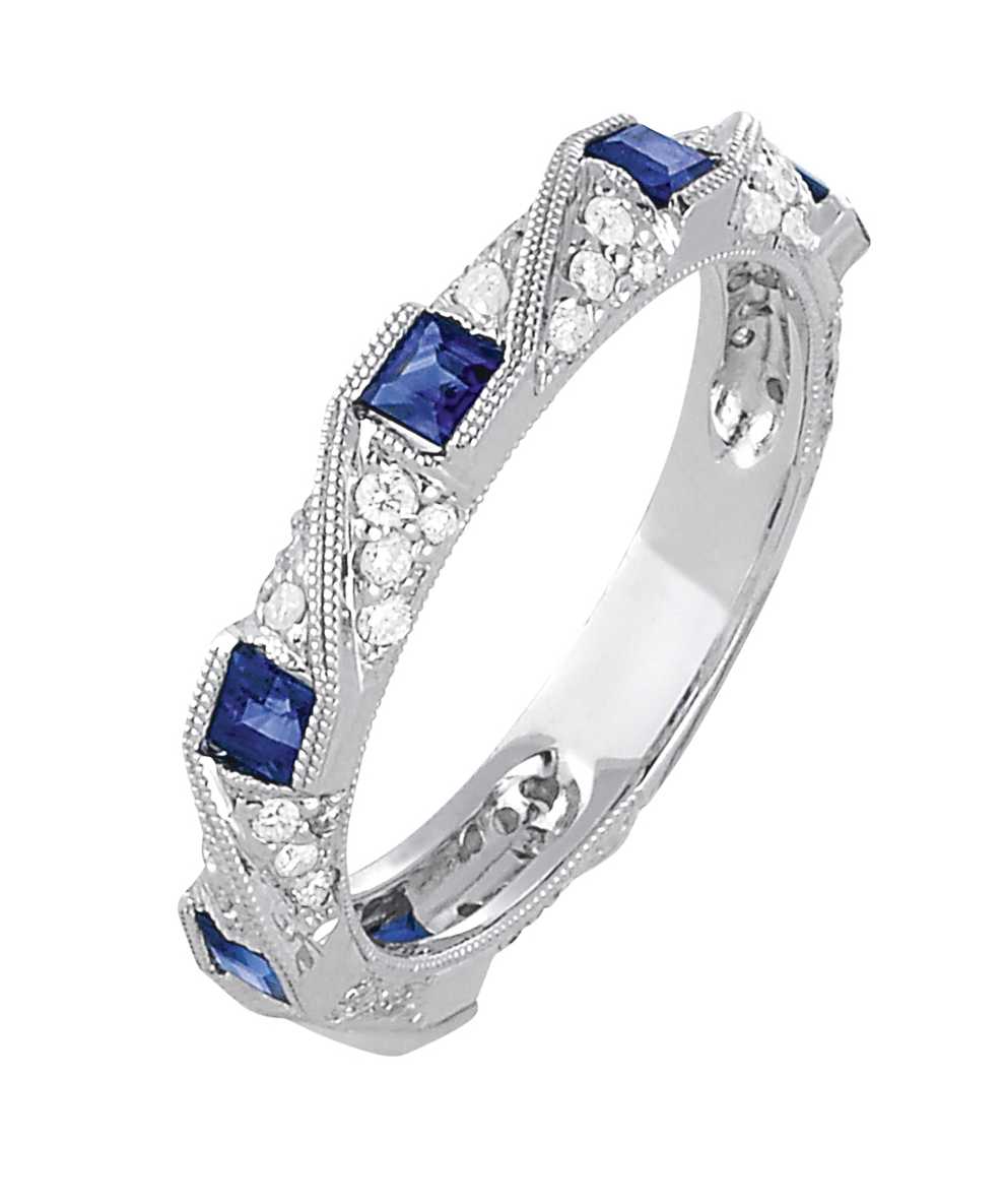 Jewelryweb 14k White Stackable Square 2 mm Sapphire and Diamond Ring - Size 7.0