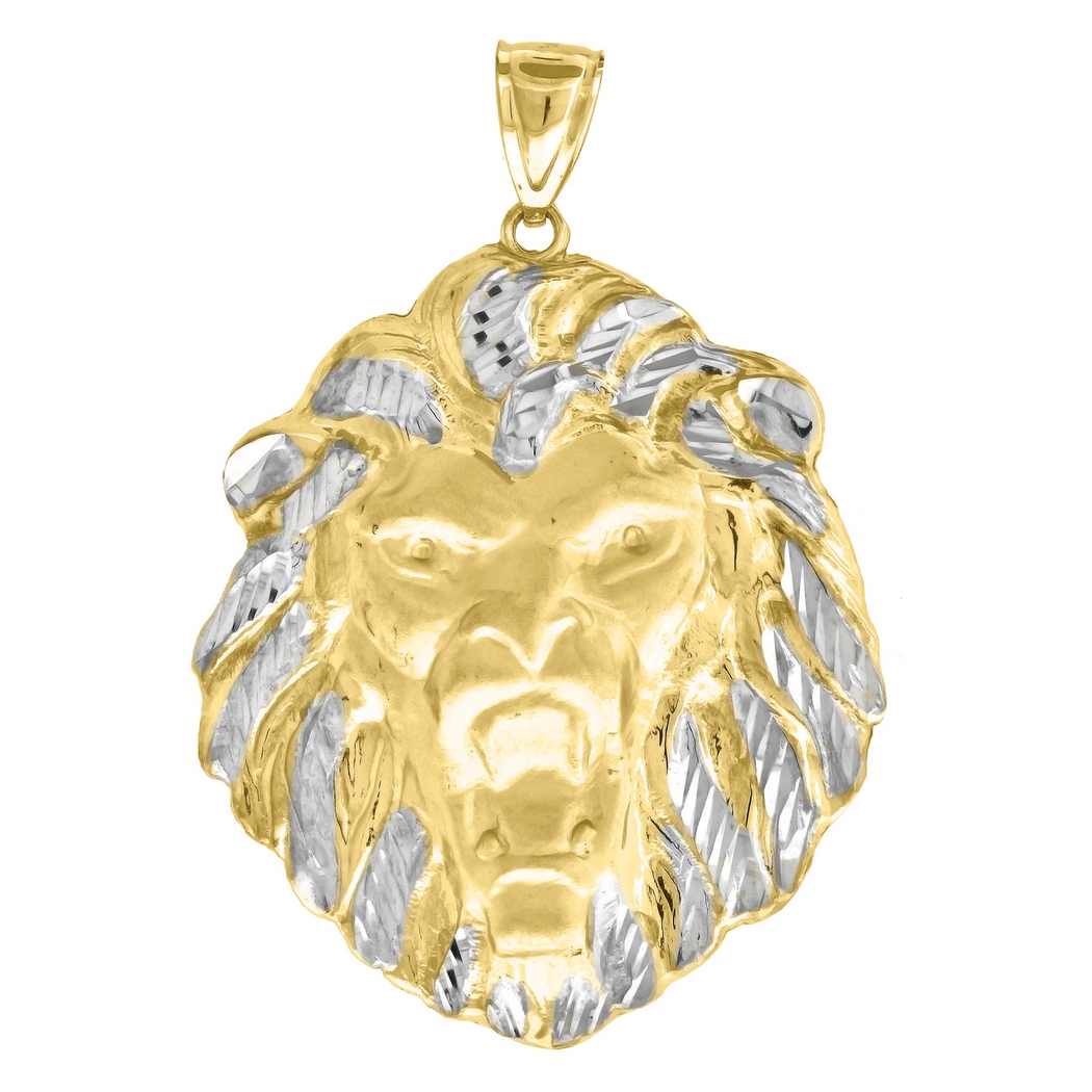 Jewelryweb 10k Gold Two-tone Mens Lion Head Height 58.2mm X Width 41.5mm Animal Charm Pendant
