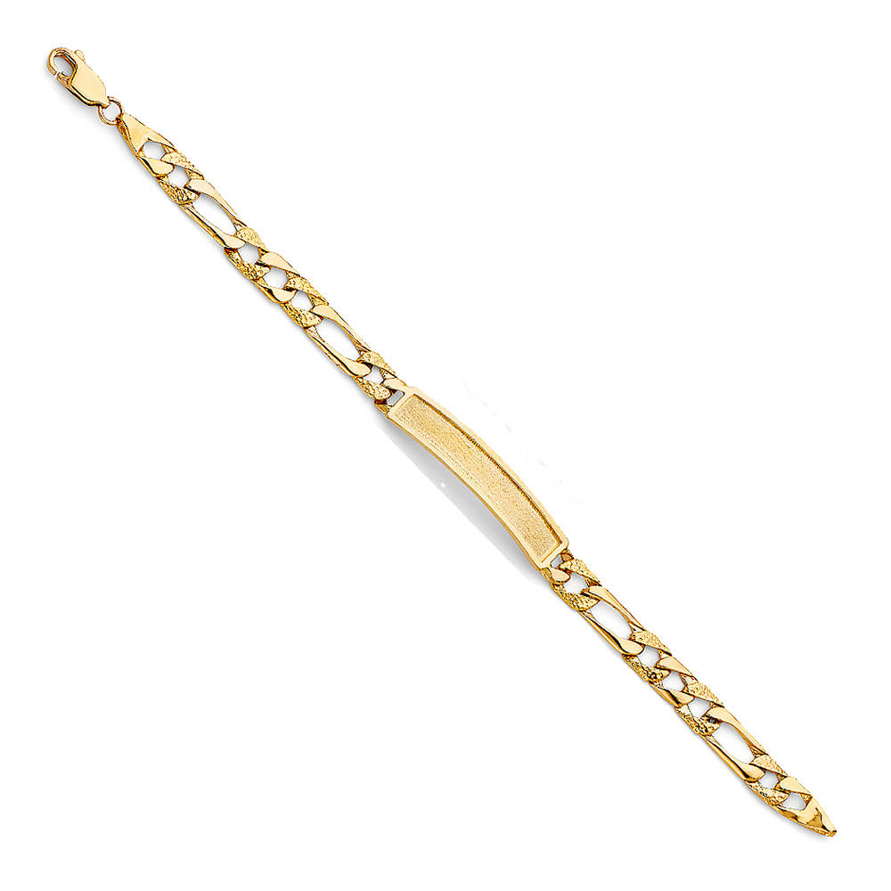 Jewelryweb 14k Yellow Gold Light Nugget Figaro Link Framed Boys and Girls ID Bracelet