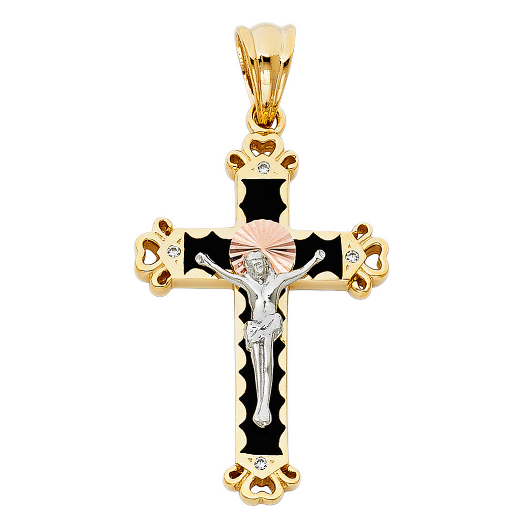 Jewelryweb 14k Yellow Gold White Gold and Rose Gold Cubic Zirconia Crucifix Pendant 25x37mm