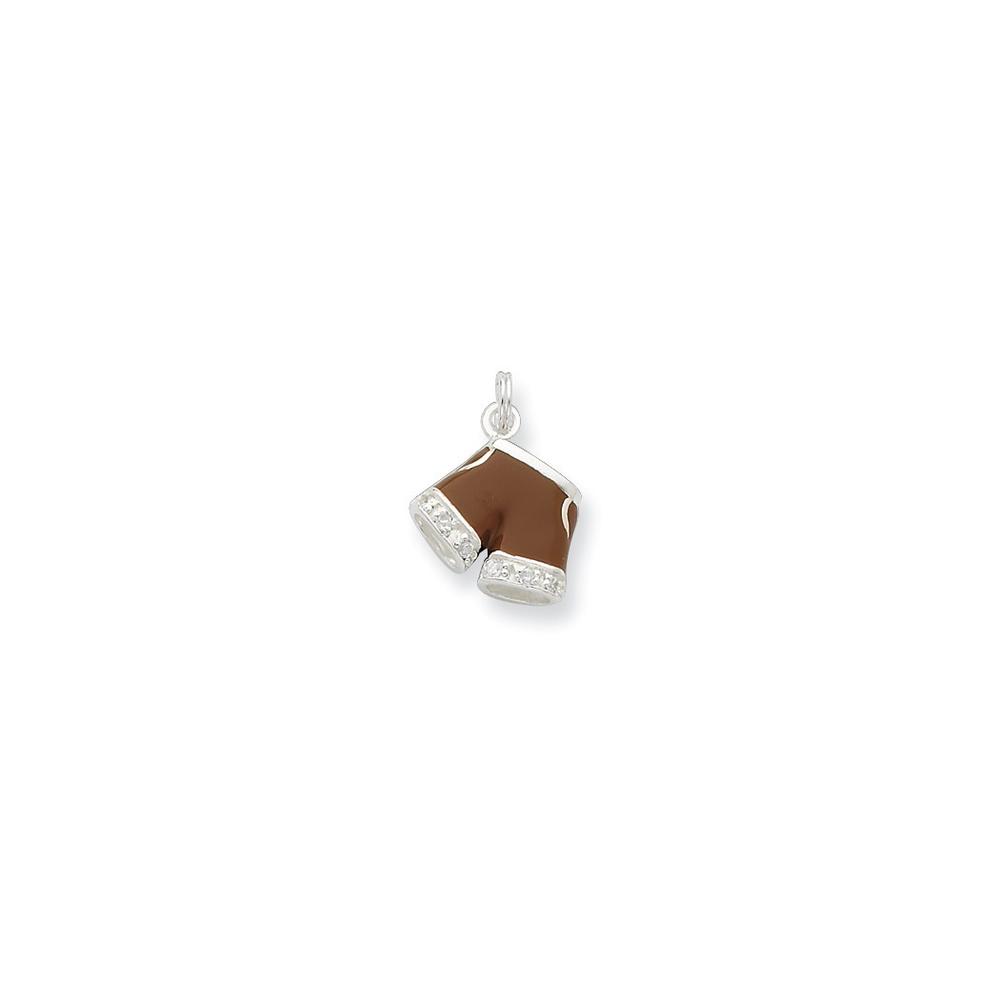 Jewelryweb Sterling Silver Cubic Zirconia Brown Enameled Polished Shorts Charm