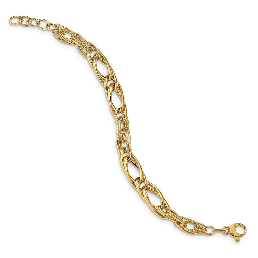 Jewelryweb 14k Polished and Textured With .75 In Ext Fancy Link Bracelet - 7 Inch - Measures 9mm Wide