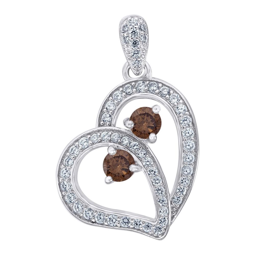 Jewelryweb 925 Sterling Silver Womens Round Cubic Zirconia 2 Two Brown Stone Heart Fashion Charm Pendant