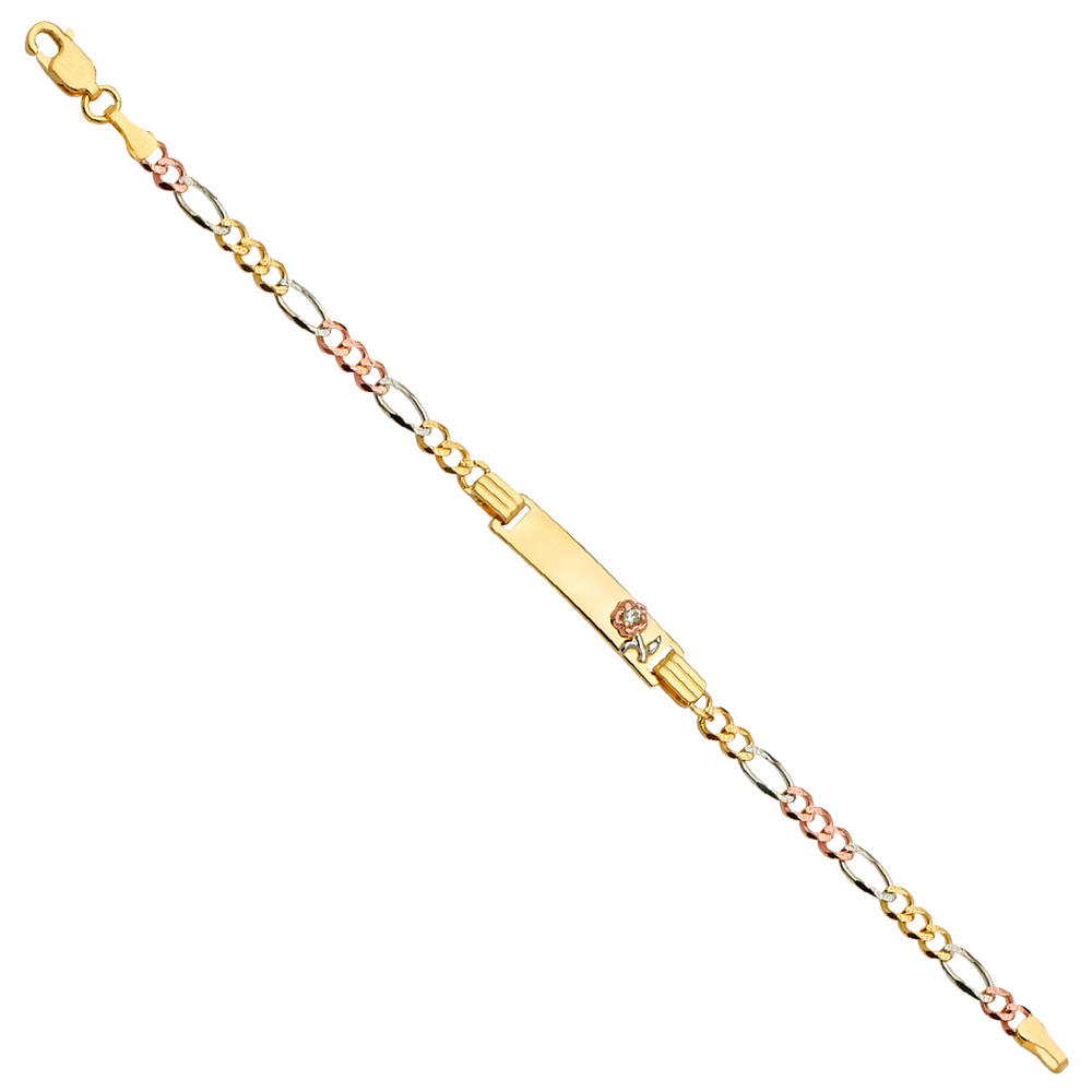 Jewelryweb 14k Yellow Gold White Gold and Rose Gold Figaro 3 Plus 1 Links 3mm Flower Boys And Girls ID Bracelet