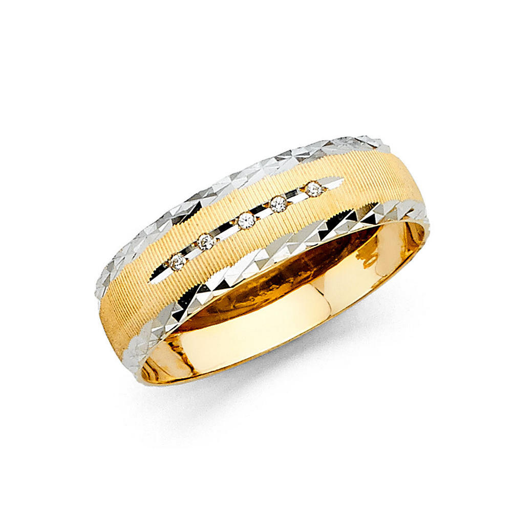 Jewelryweb 14k Yellow Gold and White Gold For Men Cubic Zirconia Wedding Band Ring - Size 10