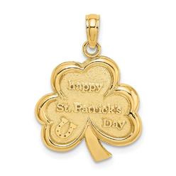 Jewelryweb 18mm 14k Gold Polished Solid Satin Flat-backed Happy St. Pattys Day Clover Pendant