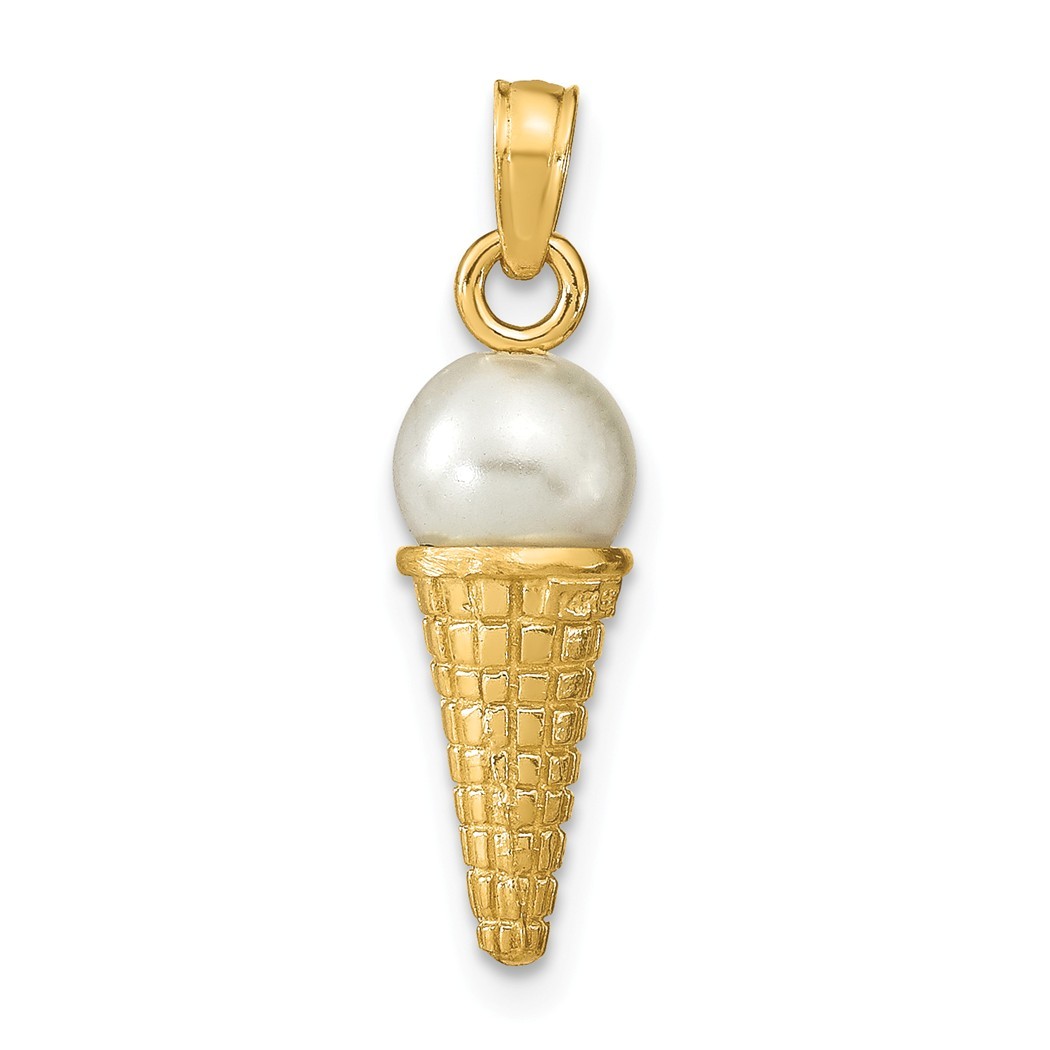 Jewelryweb 14k Gold 3-d Vanilla Ice Cream Cone Pendant With White Bead