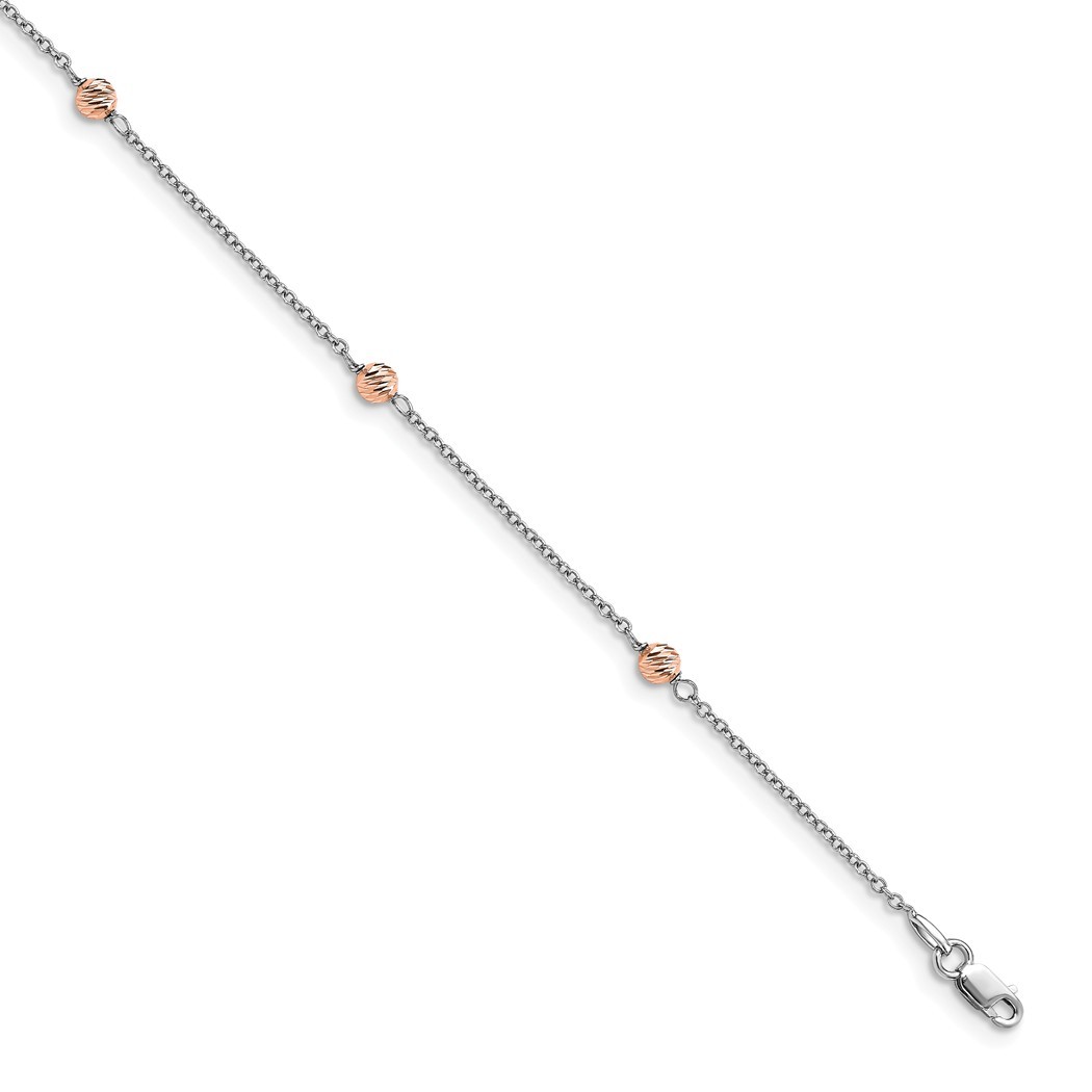 Jewelryweb 1.5mm 14k White and Rose Gold Polished Sparkle-Cut Beaded With 1inch Ext. Anklet - 9.5 Inch