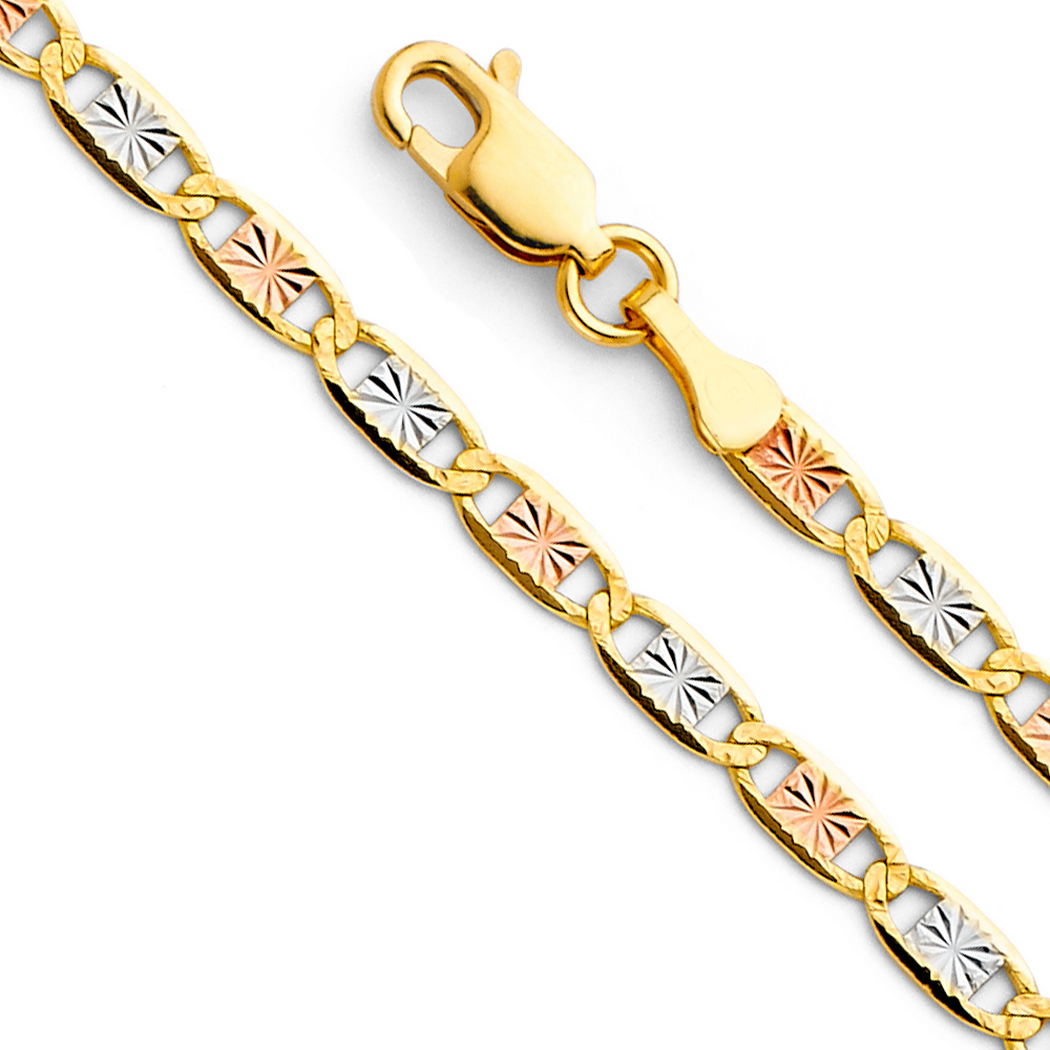 Jewelryweb 14k Yellow Gold White Gold and Rose Gold 3.3mm Star Sparkle-Cut Bracelet - 7.5 Inch