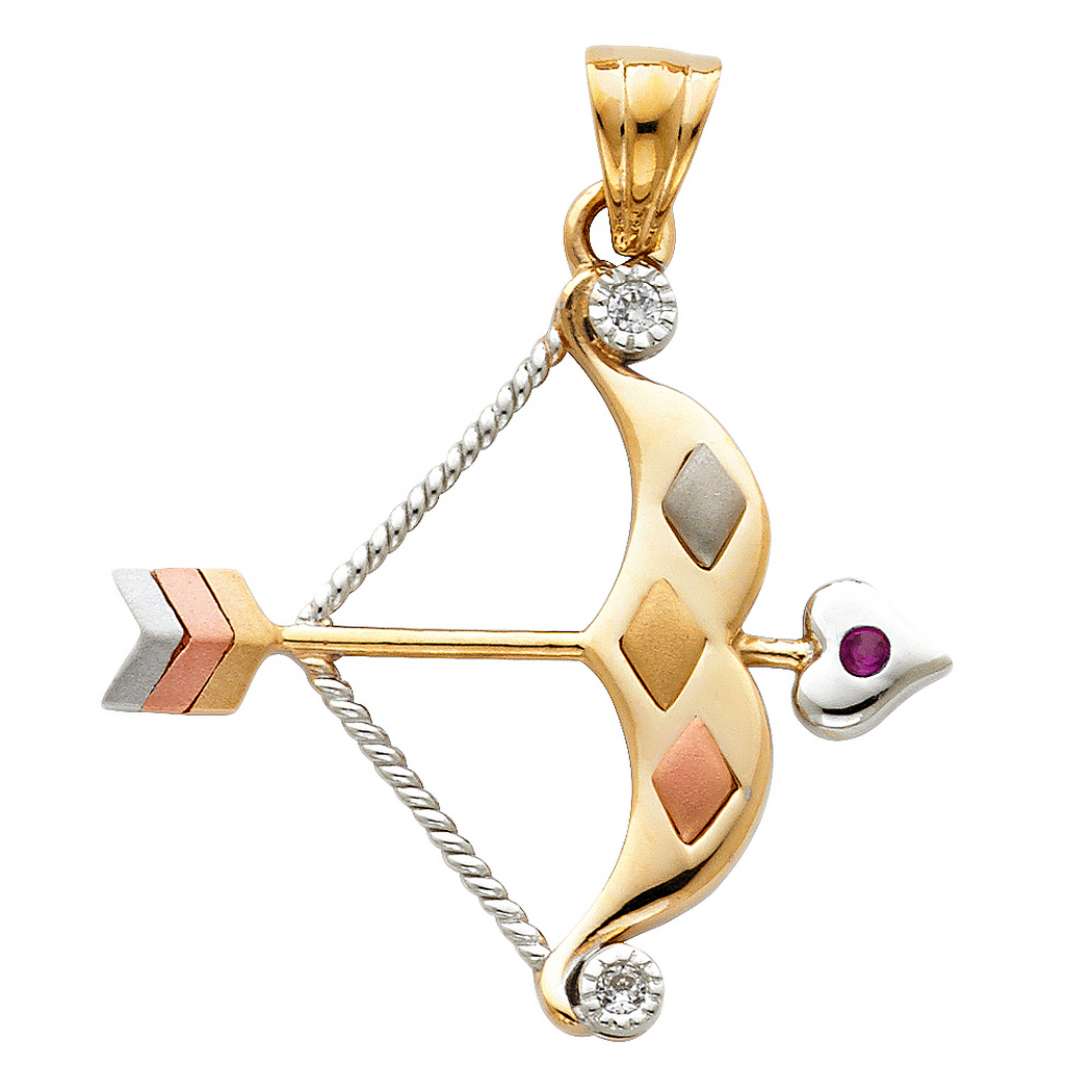 Jewelryweb 14k Yellow Gold White Gold and Rose Gold Cubic Zirconia Bow And Arow Pendant 29x27mm