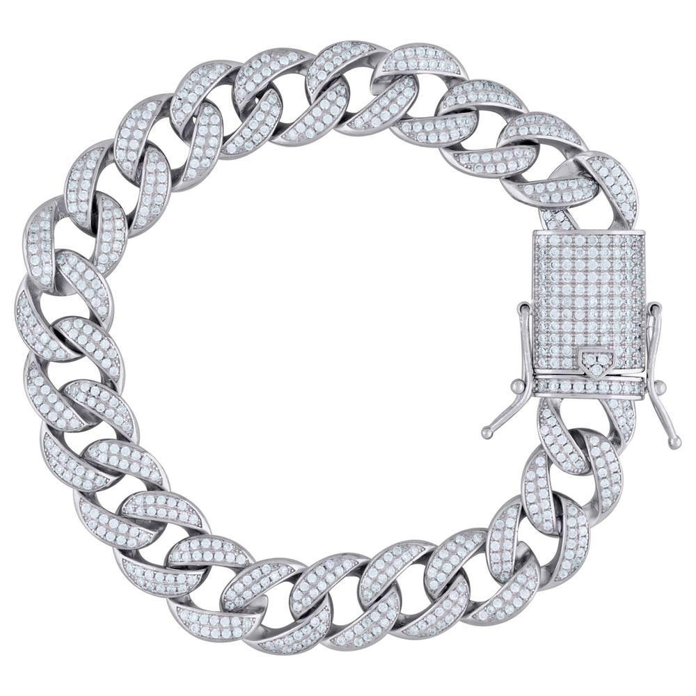 Jewelryweb 925 Sterling Silver Mens Cubic Zirconia Miami Curb Link Bracelet 14mm - 8 Inch