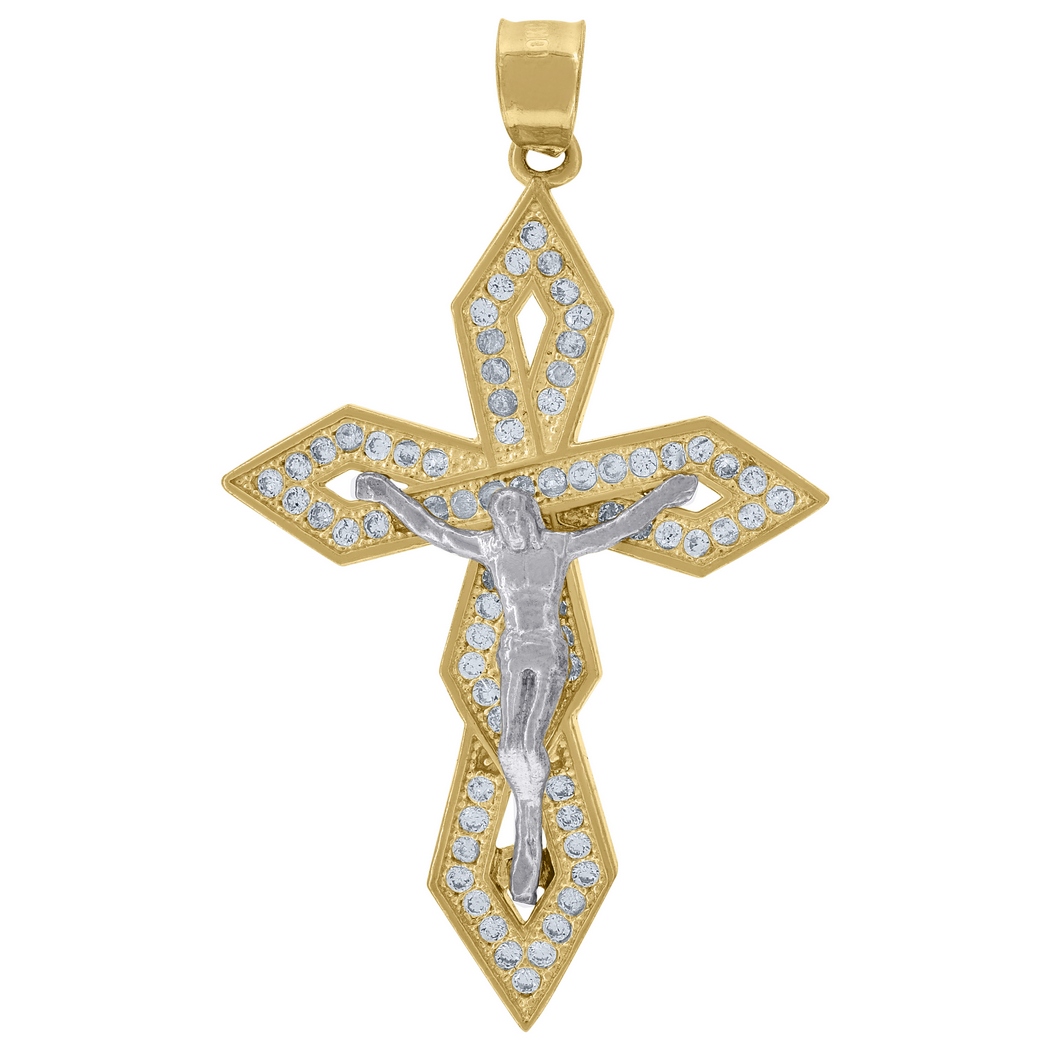 Jewelryweb 10k Two-tone Gold Unisex Cubic Zirconia CZ Crucifix Cross Religious Charm Pendant - Measures 46x26.6
