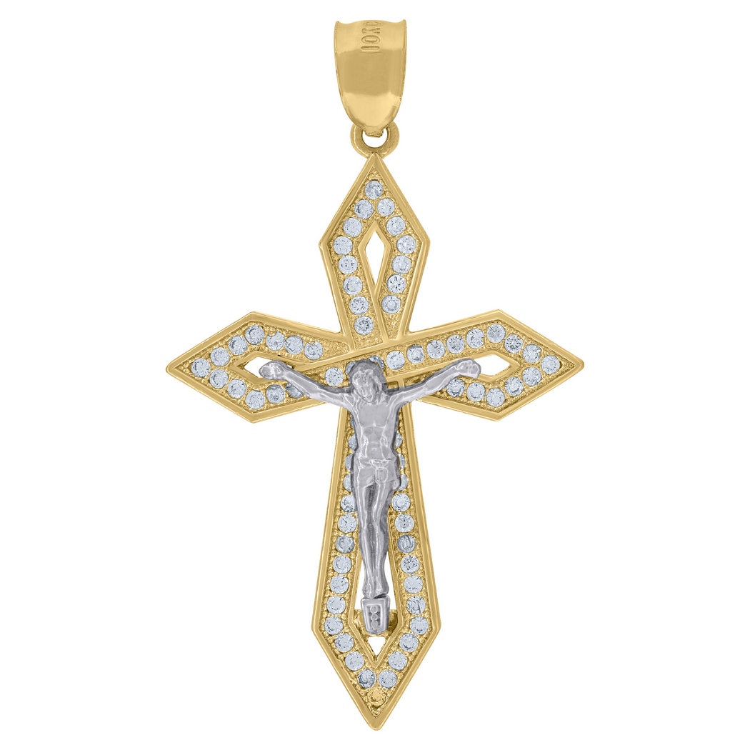 Jewelryweb 10k Gold Two-tone CZ Mens Cross Crucifix Height 47.1mm X Width 26.6mm Religious Charm Pendant