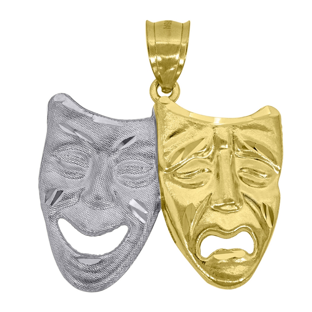 Jewelryweb 10k Two-tone Gold Unisex Textured Comedy Tragedy Mask Charm Pendant - Measures 31.8x28.00mm Wide