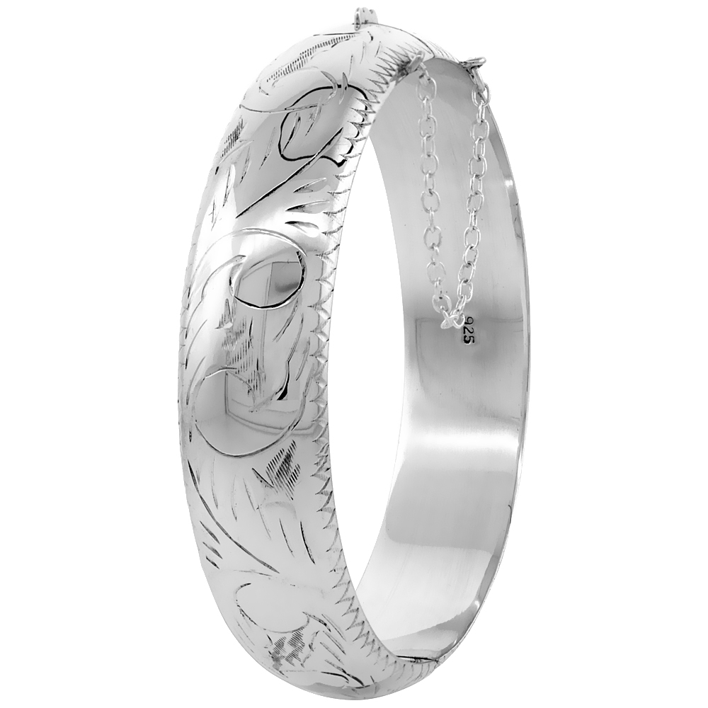 Sabrina Silver Sterling Silver Bangle Bracelet Floral Engraving Safety Chain Thick 5/8 inch wide