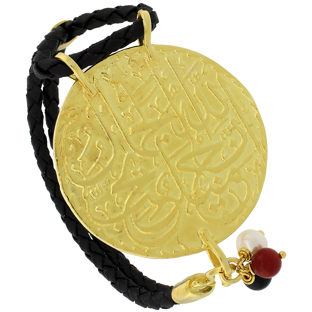 Sabrina Silver Sterling Silver Islamic 99 NAMES OF GOD Gold Plated Black Braided Leather Bracelet Tri-colored Beads 1 11/16 inch diameter, 7.5