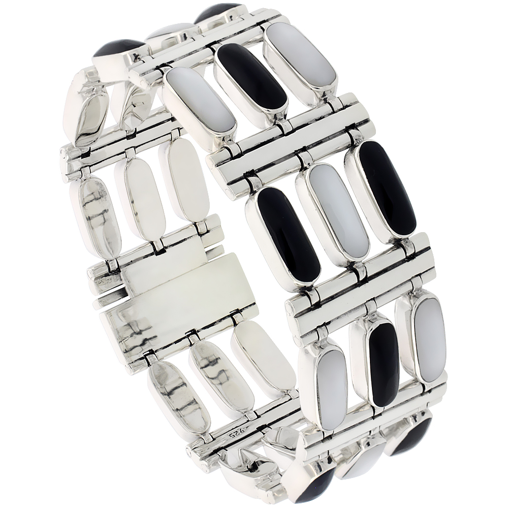 Sabrina Silver Sterling Silver Rectangular Bar Bracelet Three Row Alternating Black Resin and Mother of Pearl Stones, box with tongue clasp, 7