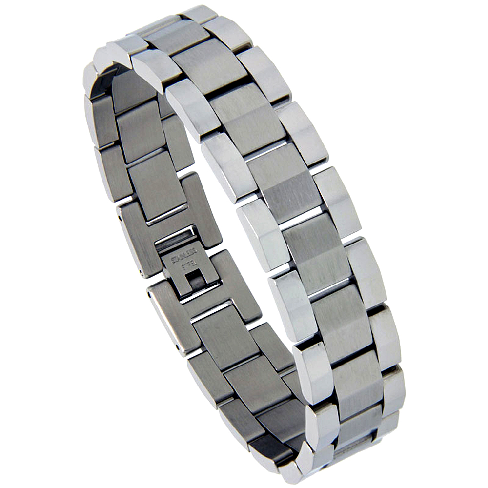 Sabrina Silver Stainless Steel Rolex Style Link Bracelet for Men Matte Center 5/8 inch wide, 8.25 inch,