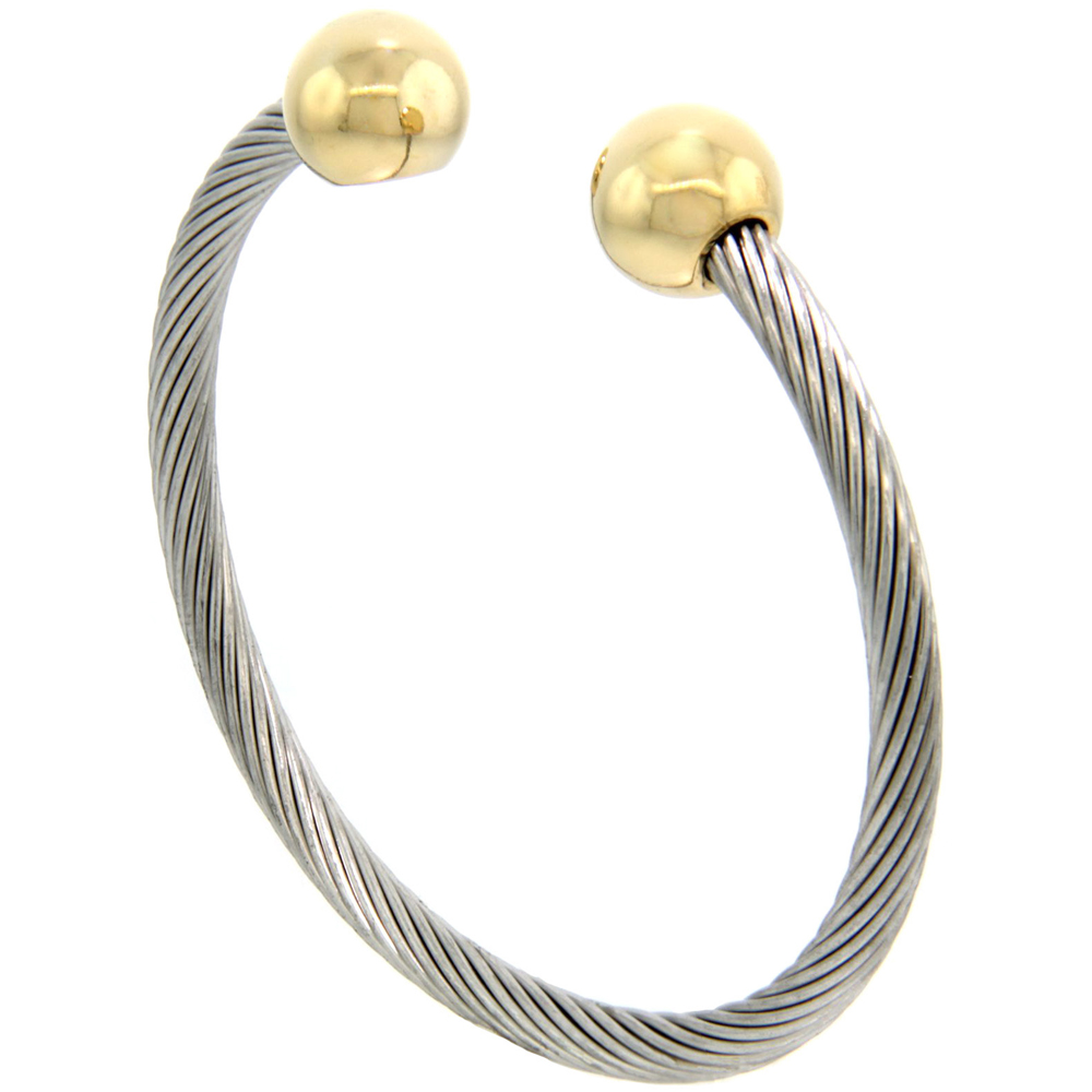Sabrina Silver Stainless Steel Cable Golf Bracelet for Women Gold-tone Bio Magnetic Ball Ends , 7 inch