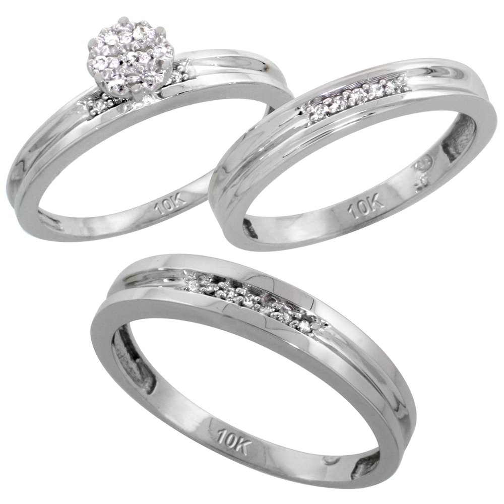Sabrina Silver 10k White Gold Diamond Trio Engagement Wedding Ring Set for Him and Her 3-piece 4 mm & 3.5 mm wide 0.13 cttw Brilliant Cut, ladi