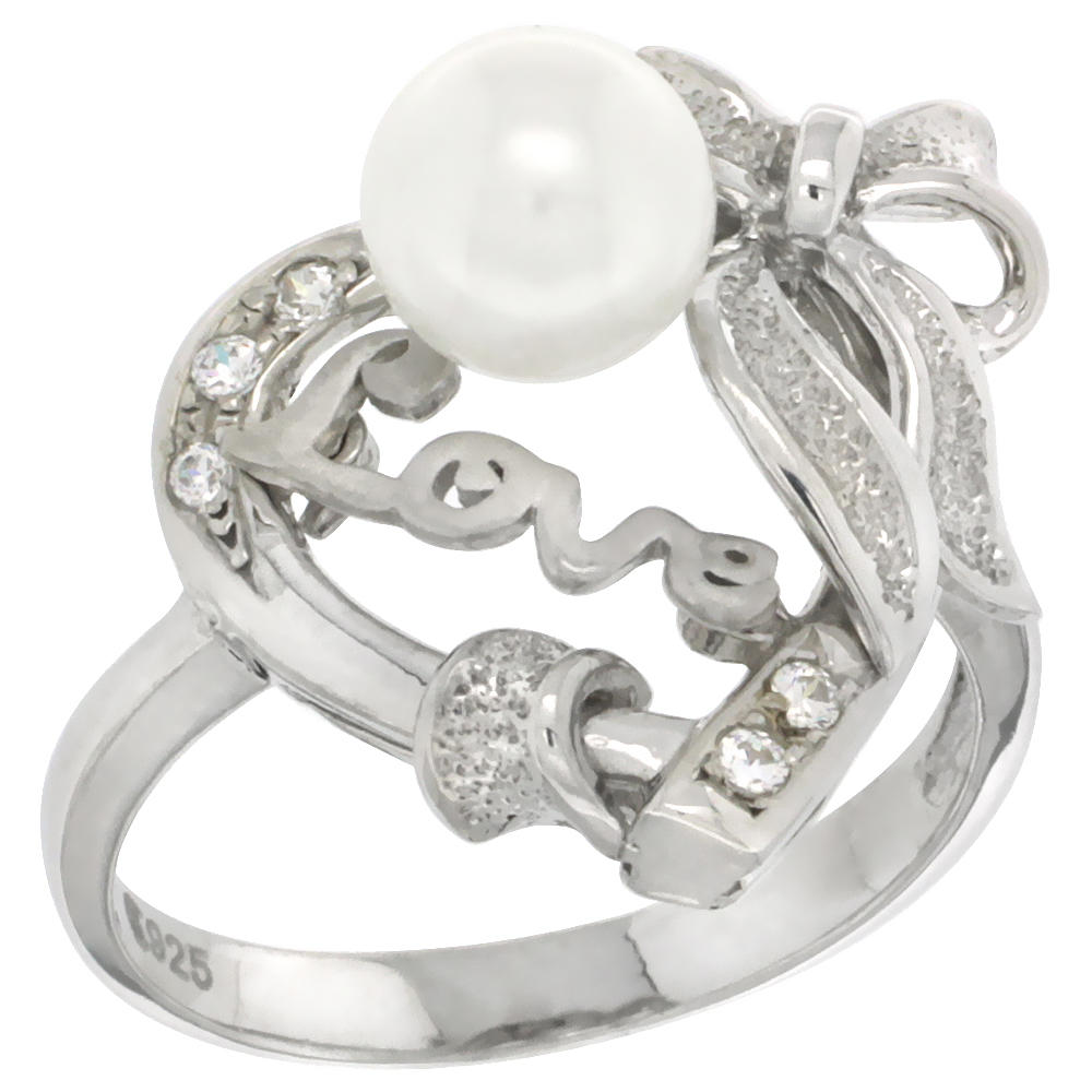 Sabrina Silver Sterling Silver Heart LOVE Bow Faux Pearl Ring CZ stones Rhodium Finished, 23/32 inch wide, sizes 5 - 8