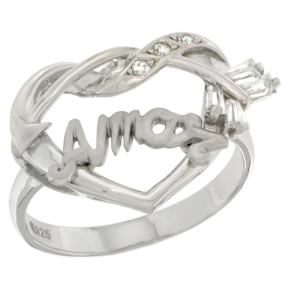 Sabrina Silver Sterling Silver AMOR Cupid"s Bow Ring CZ stones Rhodium Finished, 7/8 inch wide, sizes 5 - 8