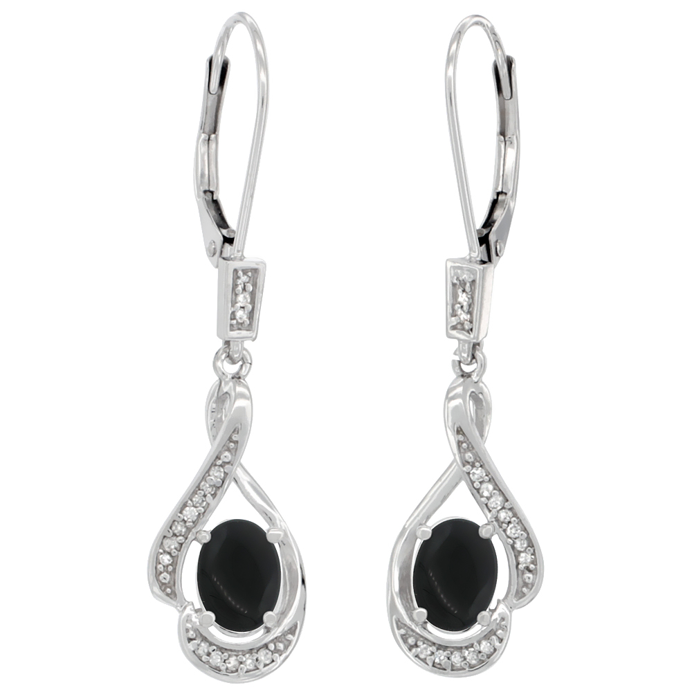 Sabrina Silver 14K White Gold Diamond Natural Black Onyx Leverback Earrings Oval 7x5 mm, 1 7/16 inch long