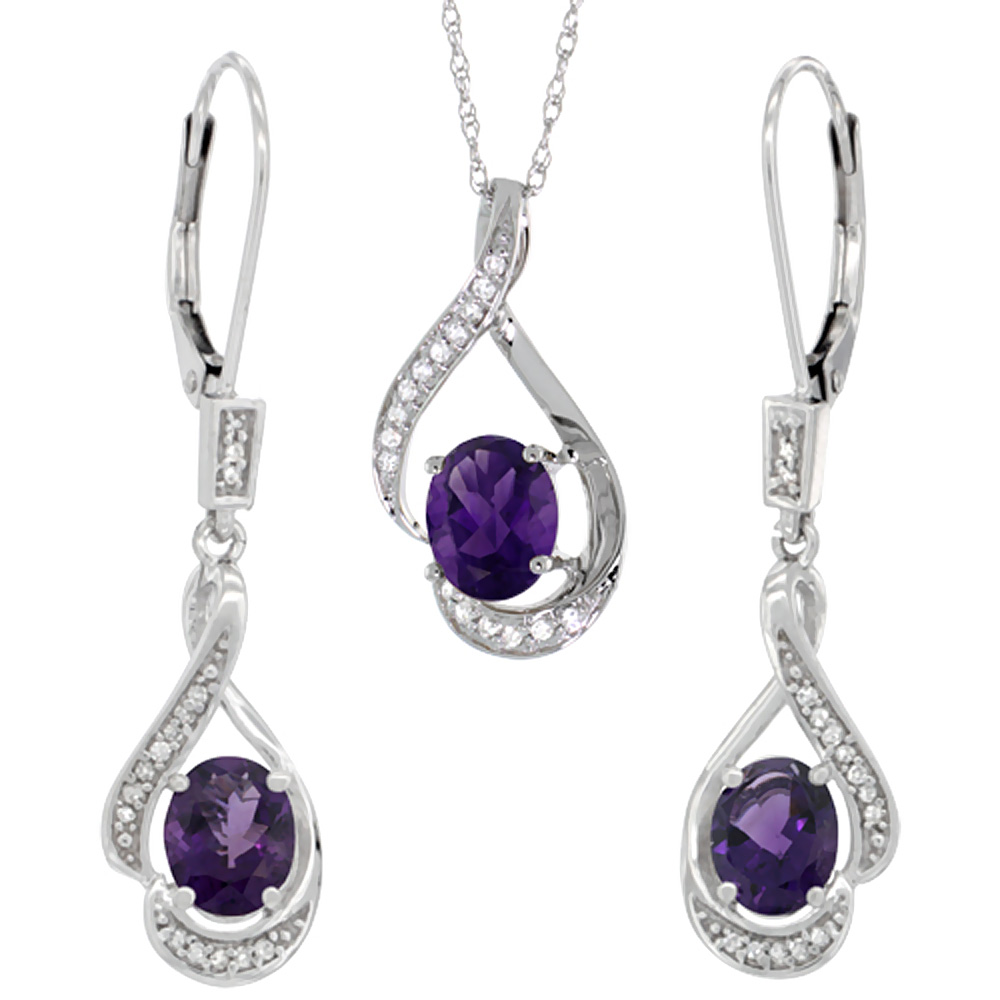 Sabrina Silver 14K White Gold Diamond Natural Amethyst Lever Back Earrings & Necklace Set Oval 7x5mm, 18 inch long