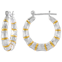 Sabrina Silver Sterling Silver Snap-down-post Bamboo Hoop Earrings, w/ 2-Tone Gold Plate Accent, 1" (26 mm) tall