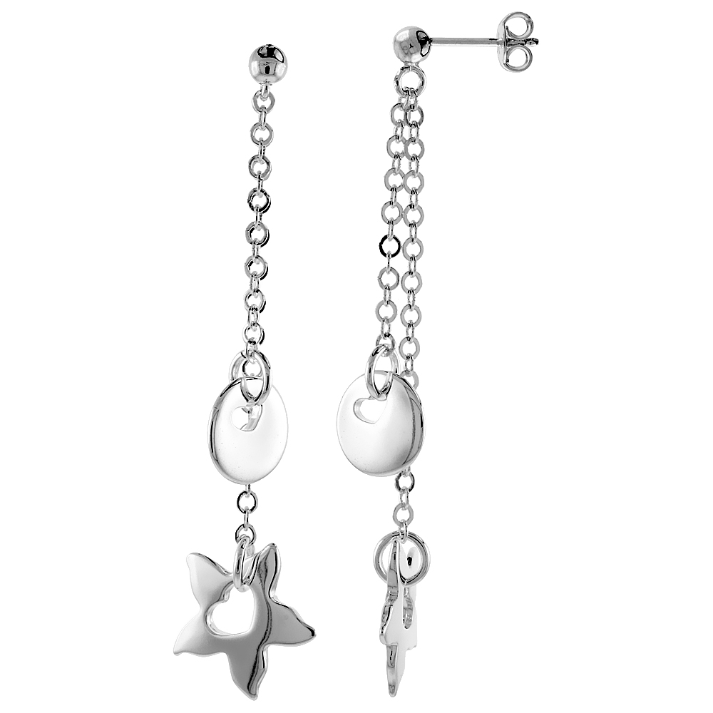 Sabrina Silver Sterling Silver Heart Cut Outs in Starfish & Round Disc Dangling Earrings, 2 1/4" (57 mm) tall