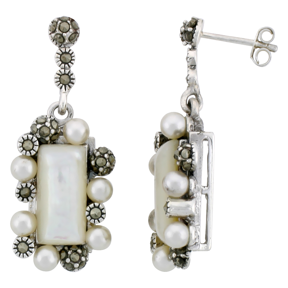 Sabrina Silver Marcasite Rectangular Earrings in Sterling Silver, w/ Mother of Pearl, 1 3/8" (35 mm) tall