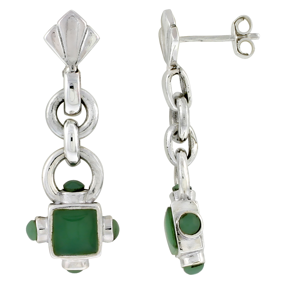 Sabrina Silver Sterling Silver Oxidized Dangling Earrings, w/ 5mm Square & Four 3mm Round Green Resin, 1 3/8" (35 mm) tall