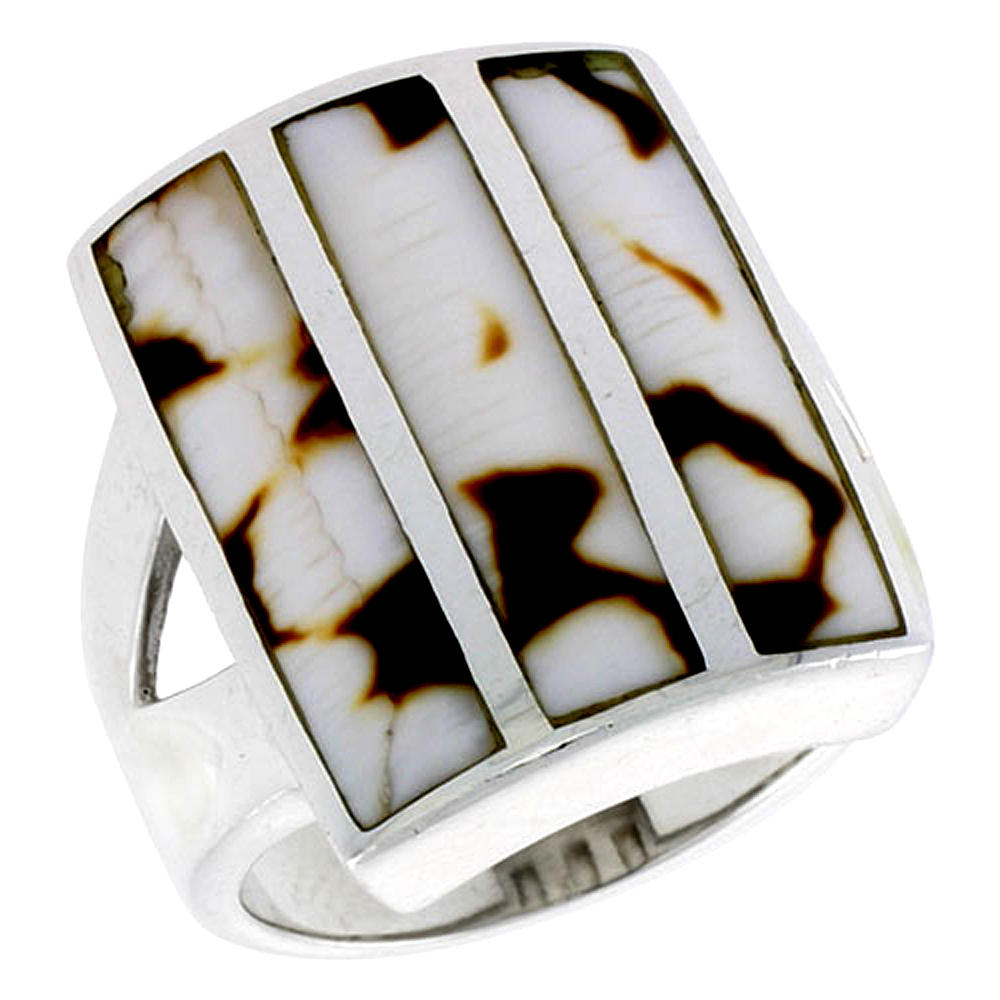 Sabrina Silver Sterling Silver Striped Rectangular Shell Ring, w/Brown & White Mother of Pearl Inlay, 7/8" (23 mm) wide