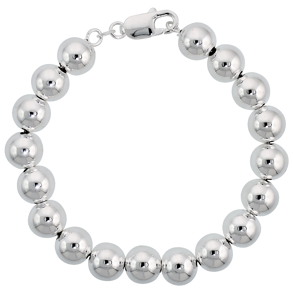 Sabrina Silver Sterling Silver Bead Bracelet 10mm Plain Italy, sizes 7 - 8 inch