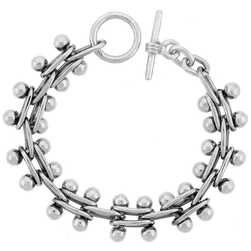 Sabrina Silver Sterling Silver Beaded Bar Link Bracelet Toggle Clasp Handmade 5/8 inch wide, sizes 8, 8.5 & 9 inch