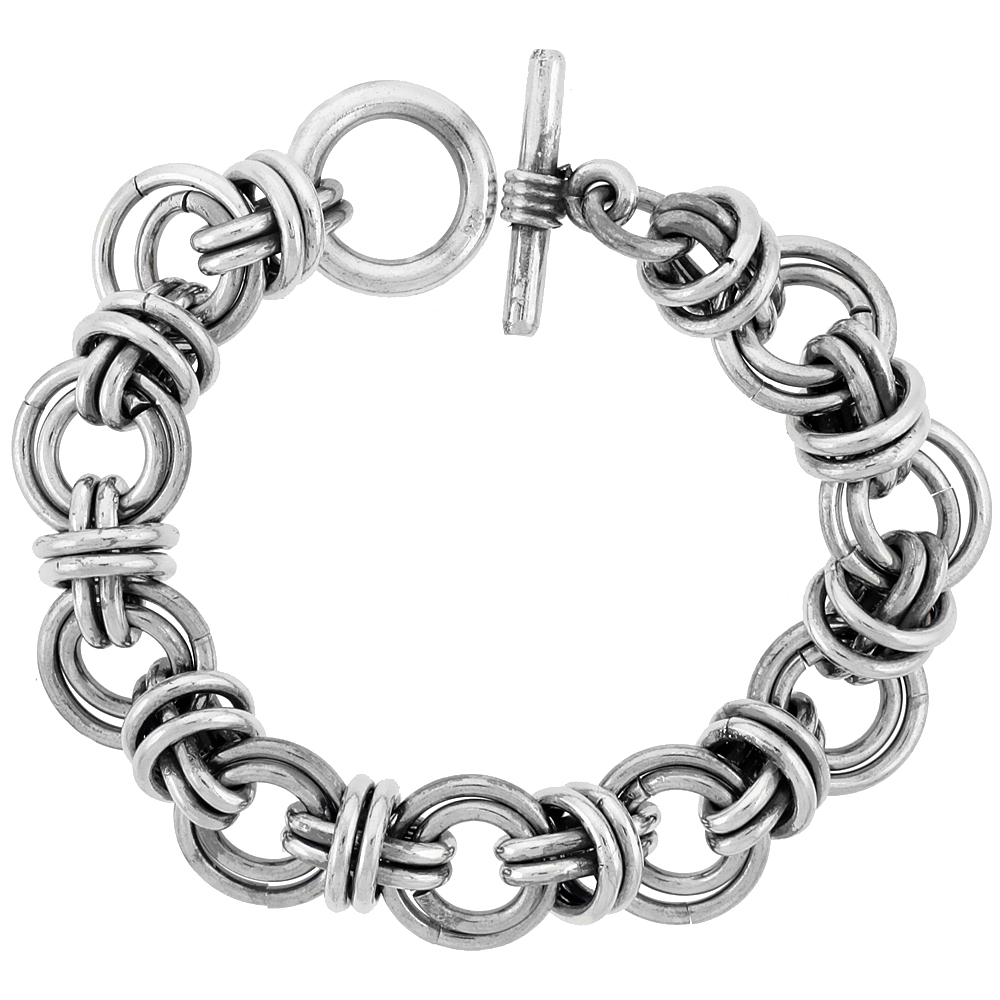 Sabrina Silver Sterling Silver Double Circles Doughnut Link Bracelet Toggle Clasp Handmade 3/4 inch wide, sizes 8, 8.5 & 9 inch