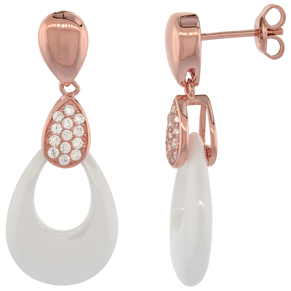 Sabrina Silver Sterling Silver White Ceramic Cubic Zirconia Post Earrings Rose Gold Finish & White Ceramic