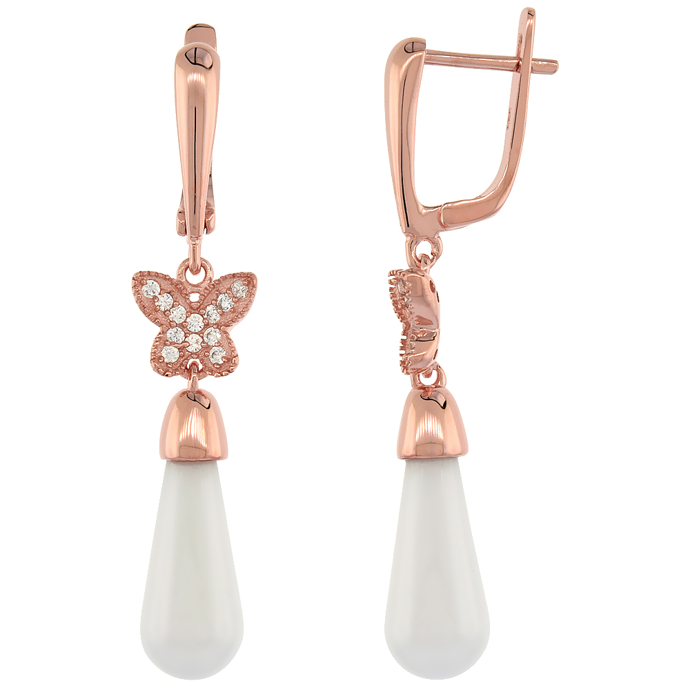 Sabrina Silver Sterling Silver Cubic Zirconia Butterfly Lever Back Earrings Rose Gold Finish & White Ceramic