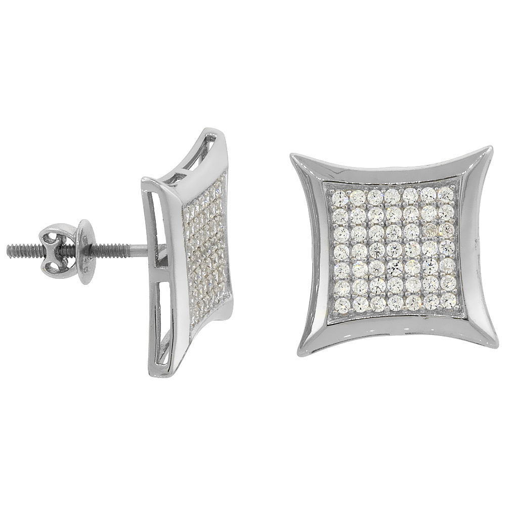 Sabrina Silver Sterling Silver Micro Pave Cubic Zirconia Curvy Square Screw back Post Earrings Rhodium Finish