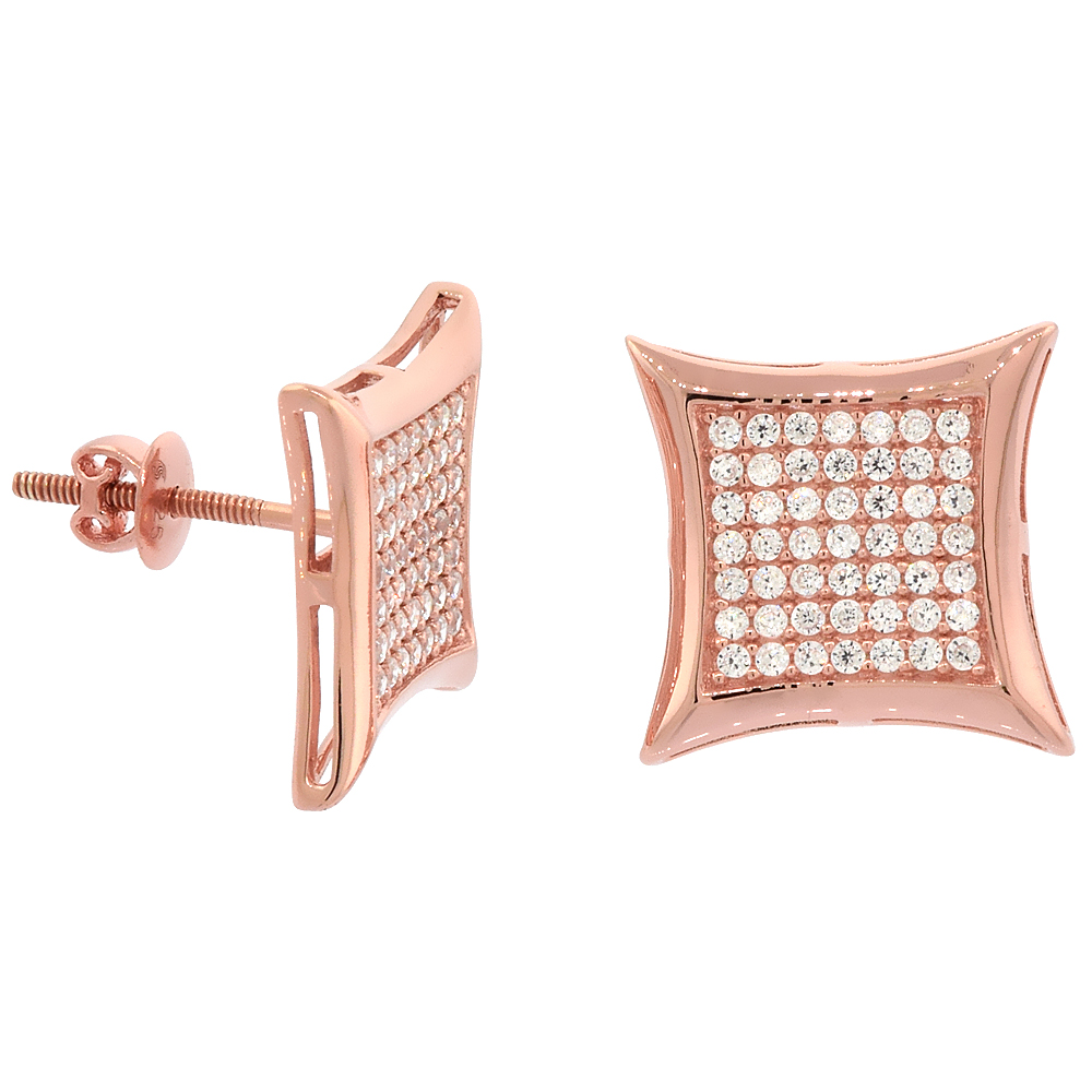Sabrina Silver Sterling Silver Micro Pave Cubic Zirconia Curvy Square Screw back Post Earrings Rose Gold Plated