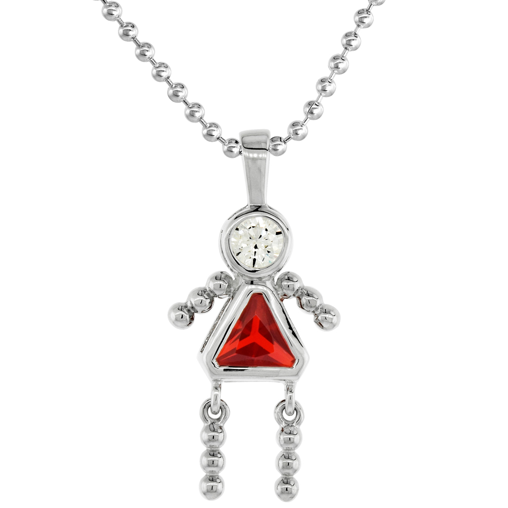 Sabrina Silver Sterling Silver Birthstone Necklace July Baby Brat Girl Ruby Color Cubic Zirconia, 30 inch